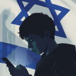 un jeune regarde son telephone sous fond d'un drapeau israélien