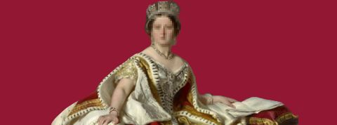 La reien Victoria sur fond rouge carmun avec e visage pixelisé