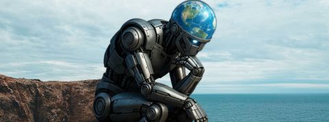 Un robot avec un cerveau Planète terre pensif comme le penseur de Rodin