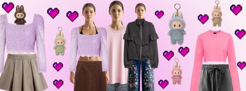 Une fille avec 3 teneus différentes, des labubus et des vêtements