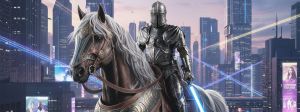 Un chevalier avec un sabre laser dans une ville futuriste