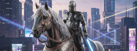 Un chevalier avec un sabre laser dans une ville futuriste