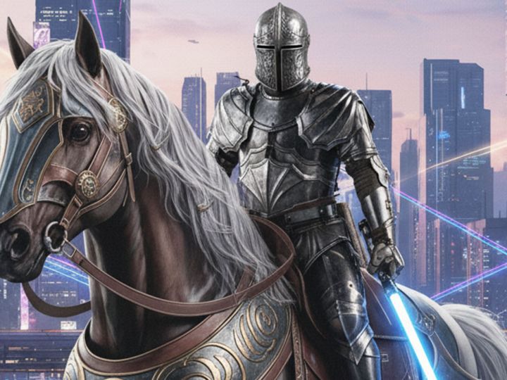 Un chevalier avec un sabre laser dans une ville futuriste