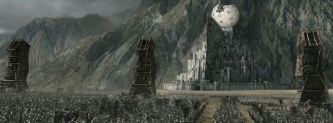 la citadelle de Minas tirit assiégée avec le logo de Wikipédia au dessus