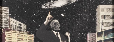 un collage d'un homme politique à tête de mort