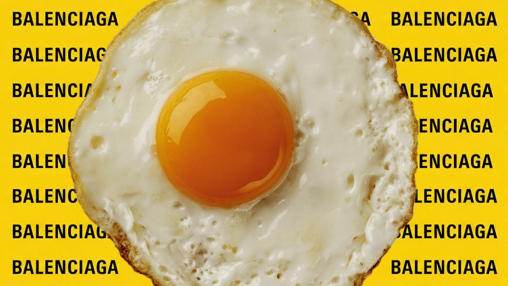 Un oeuf au plat sur un fond jaune avec logo Balenciaga