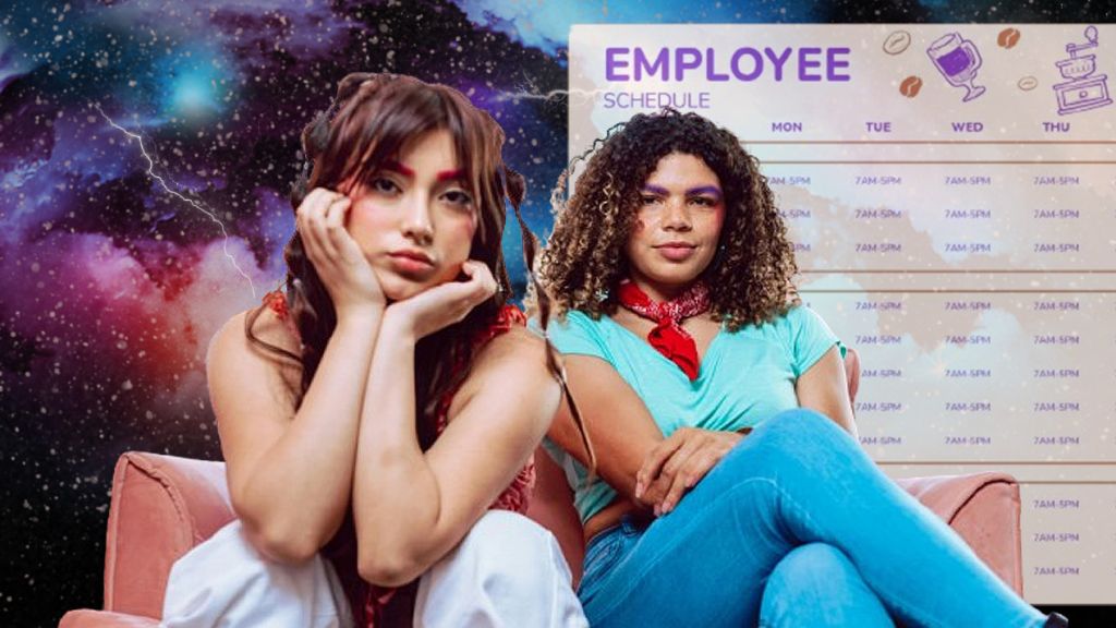 Deux filles de la Genz sur fond d'univers avec une time sheet  - employees - 