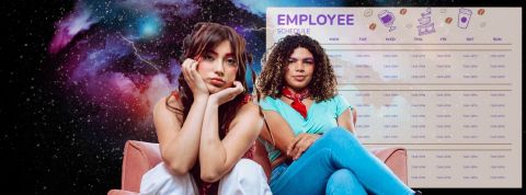 Deux filles de la Genz sur fond d'univers avec une time sheet  - employees - 