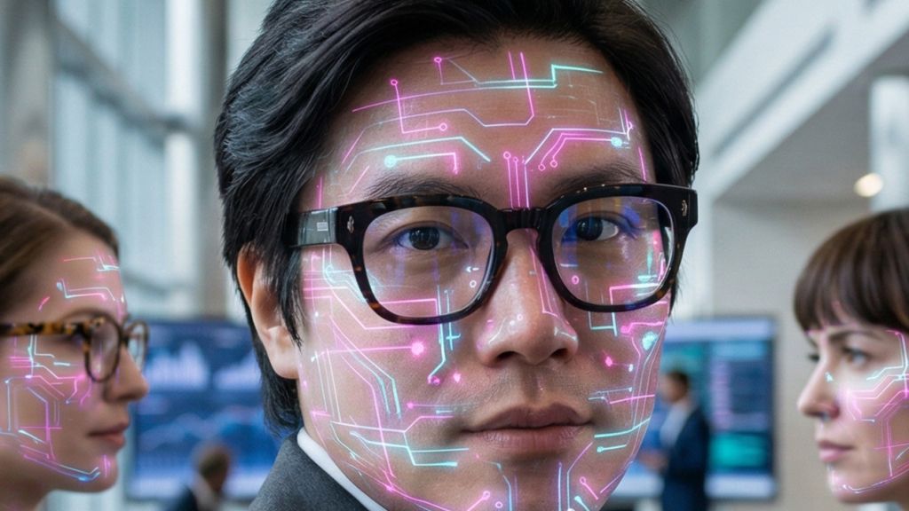 Gros plan sur des visages avec mumières digitales dans un grand open space