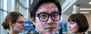 Gros plan sur des visages avec mumières digitales dans un grand open space