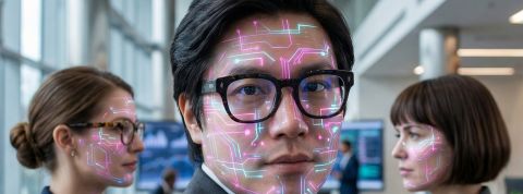 Gros plan sur des visages avec mumières digitales dans un grand open space