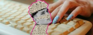 Silhouette collage d'un jeune homme et doigts de jeune fememe avec faux ongles bleu clair sur un clavier