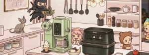 Les robots Sharkninja dans une cuisine style dessin animé