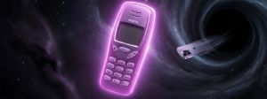 Un smartphone Nokia en premier plan et un IPhone englouti dans un trou noir au fond