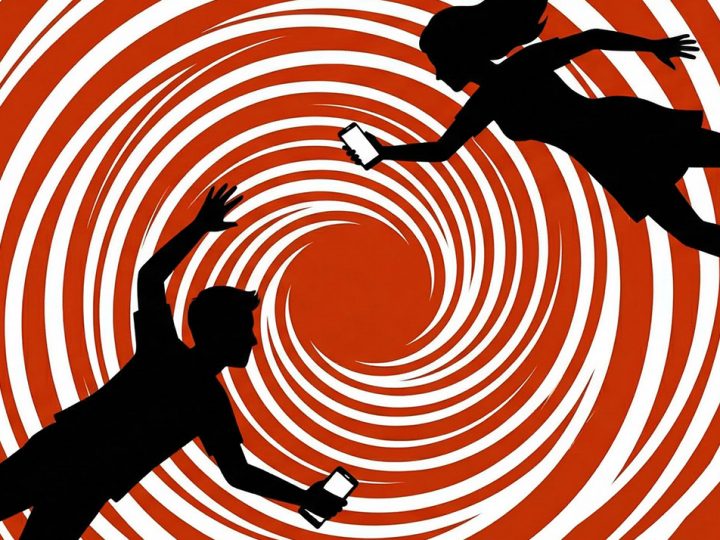 Deux silhouettes de jeunes avec leur téléphone dans un tourbillon