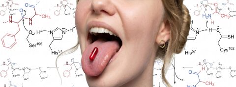 Gros plan sur une bouche de jeune femme avec une gélule rouge sur la langue